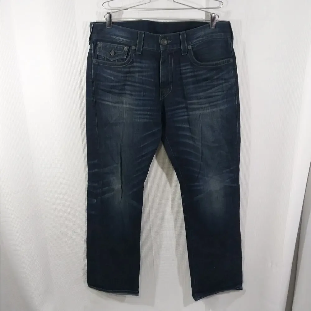 TRUE RELIGION! FAB DEEP BLUE, LOGO POCKET OMBRE FADE STRAIGHT LEG JEANS! SZ 36